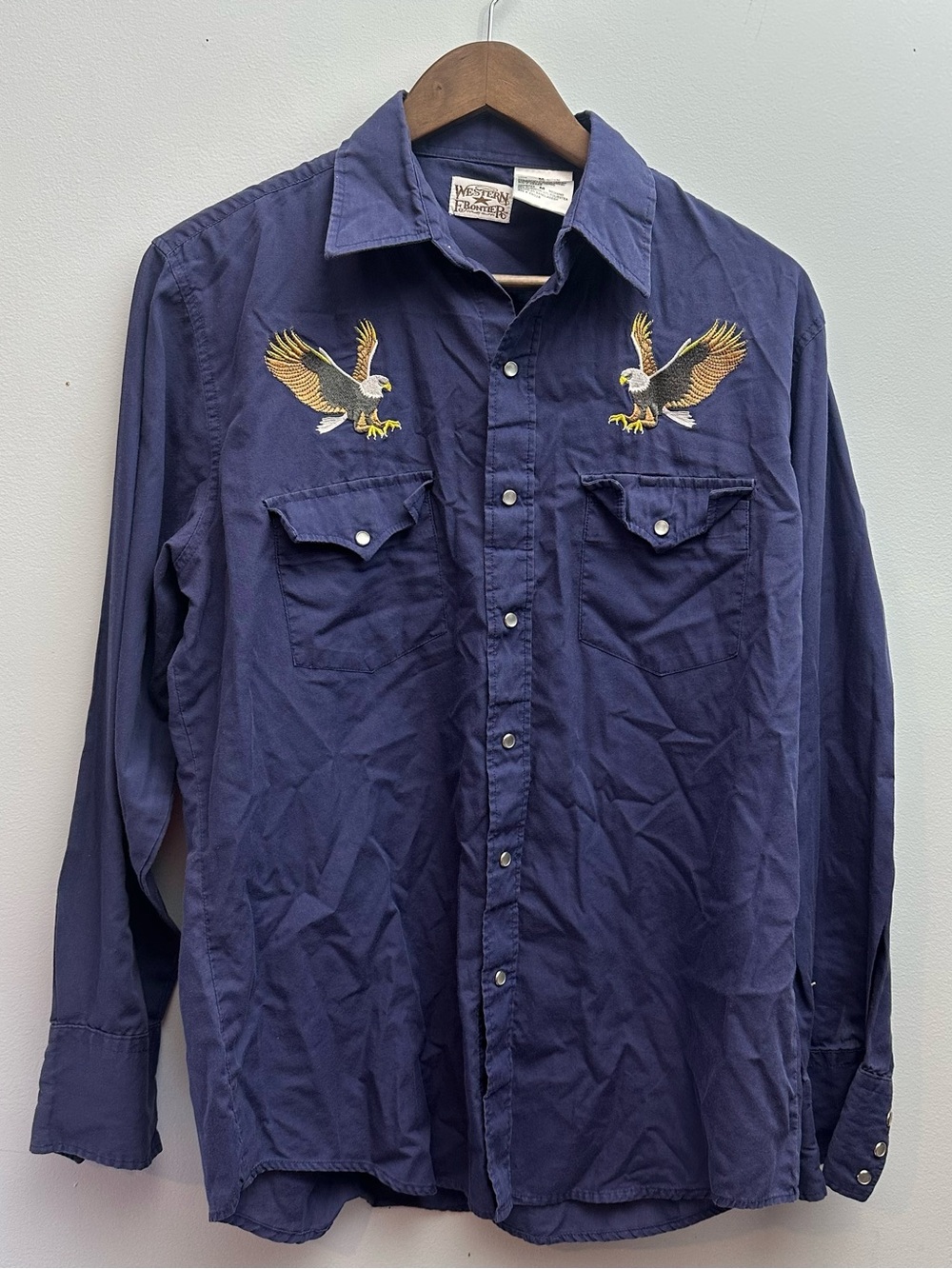 Vintage Western Frontier Blue Long Sleeve Eagles Embroidered Pearlsnap Medium